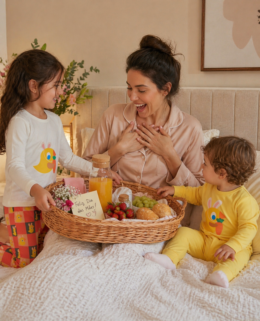 A imagem mostra mãe e filhos com uma cesta de café da manhã. Um ótimo presente de Dia das Mães.