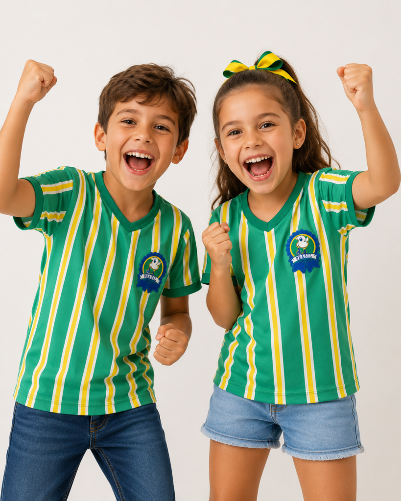 Brazilcore: roupa infantil em verde e amarelo