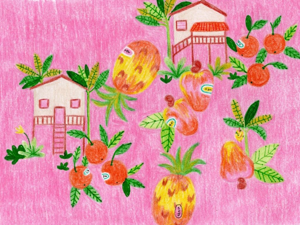 Estampa Pé de Fruta com flores e frutas para o dia na natureza