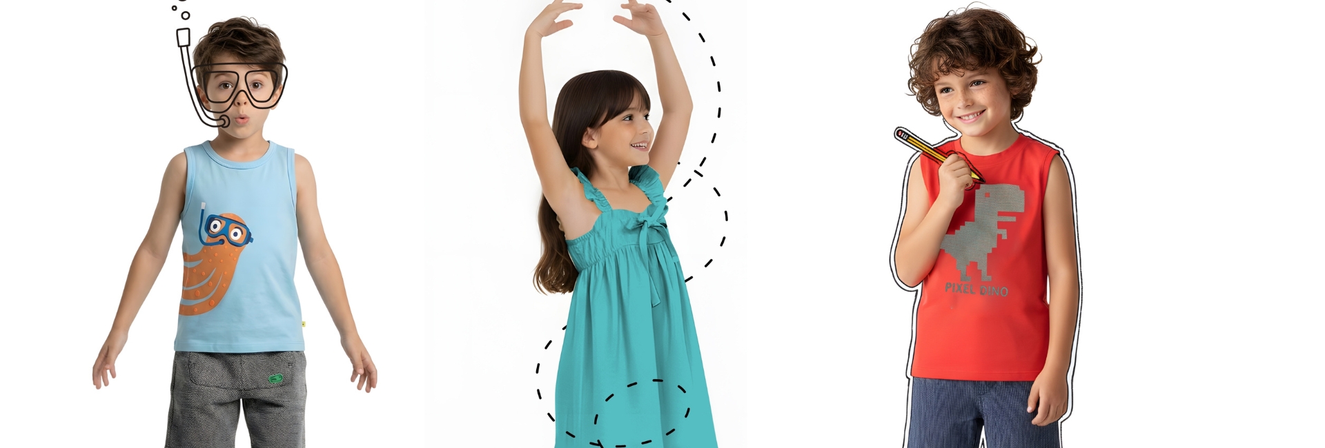 Imagens das crianças vestidas com as roupas da coleção Alphabeto Todo Dia