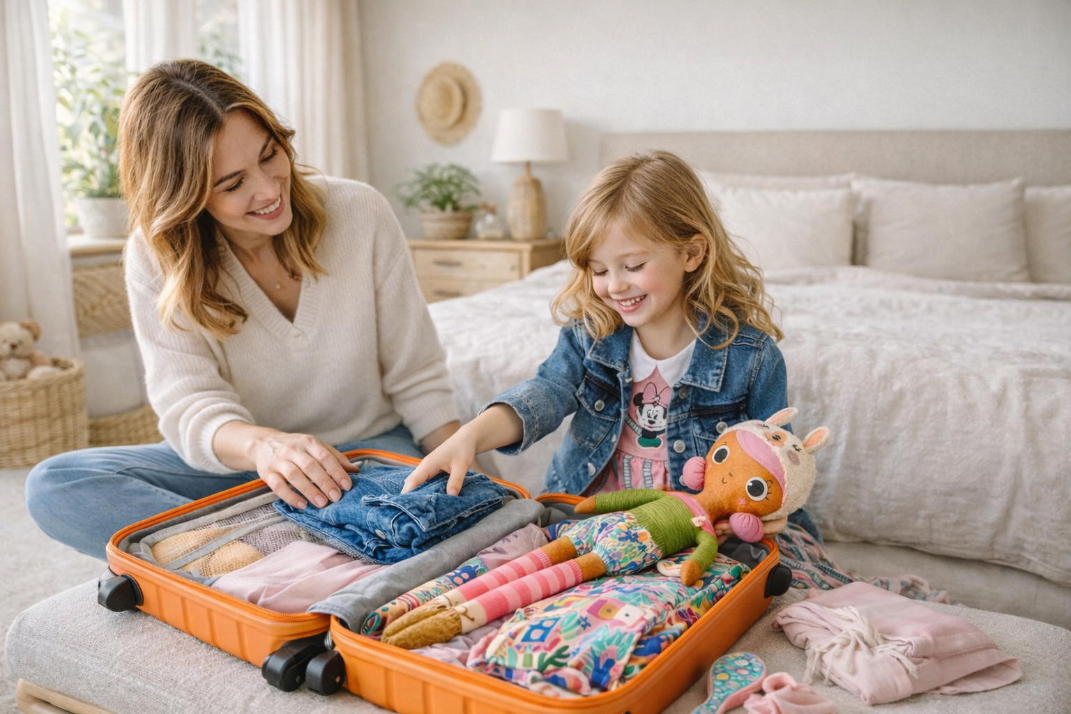 Um guia para montar mala de viagem para feriada prolongado. A imagem mostra mãe e filha separando os itens que serão levados na viagem.