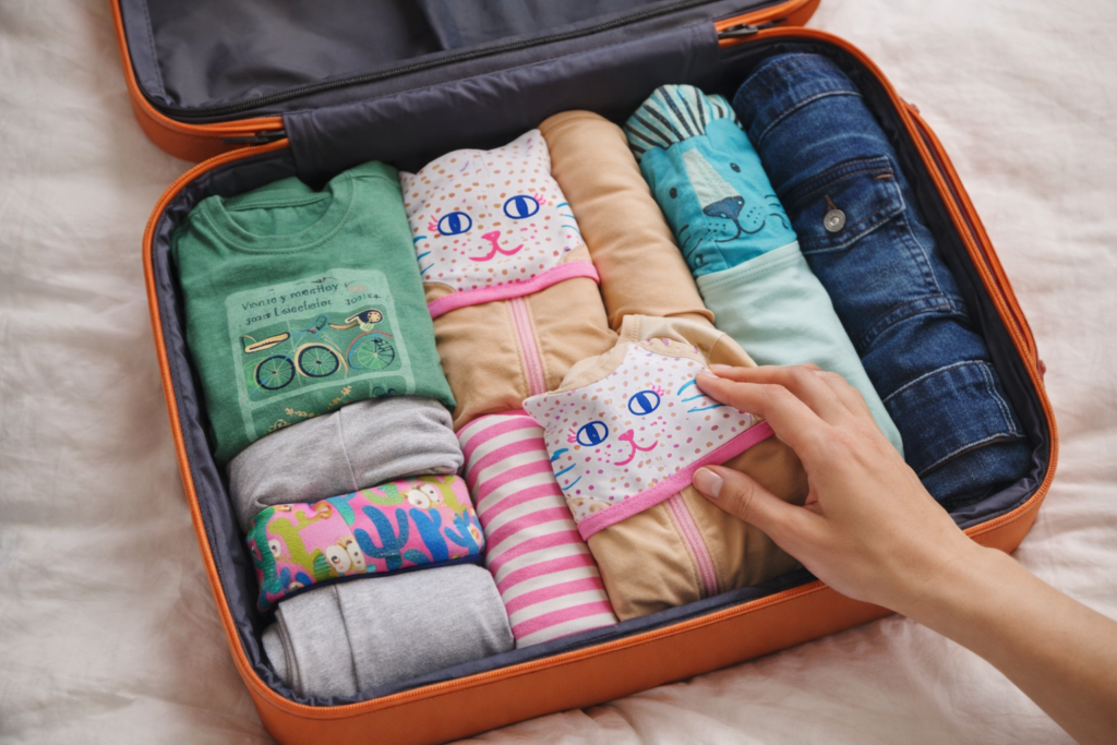 A imagem mostra uma mala de viagem sendo organizadas.