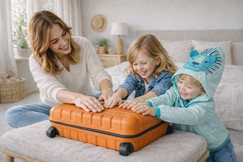 A imagem mostra uma mala de viagem sendo fechada por uma mãe e seus dois filhos.