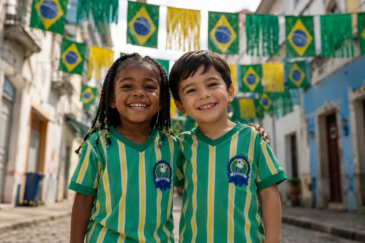 Crianças vestidas com a camiseta da copa, da coleção especial da Alphabeto. Brazilcore: roupa infantil em verde e amarelo