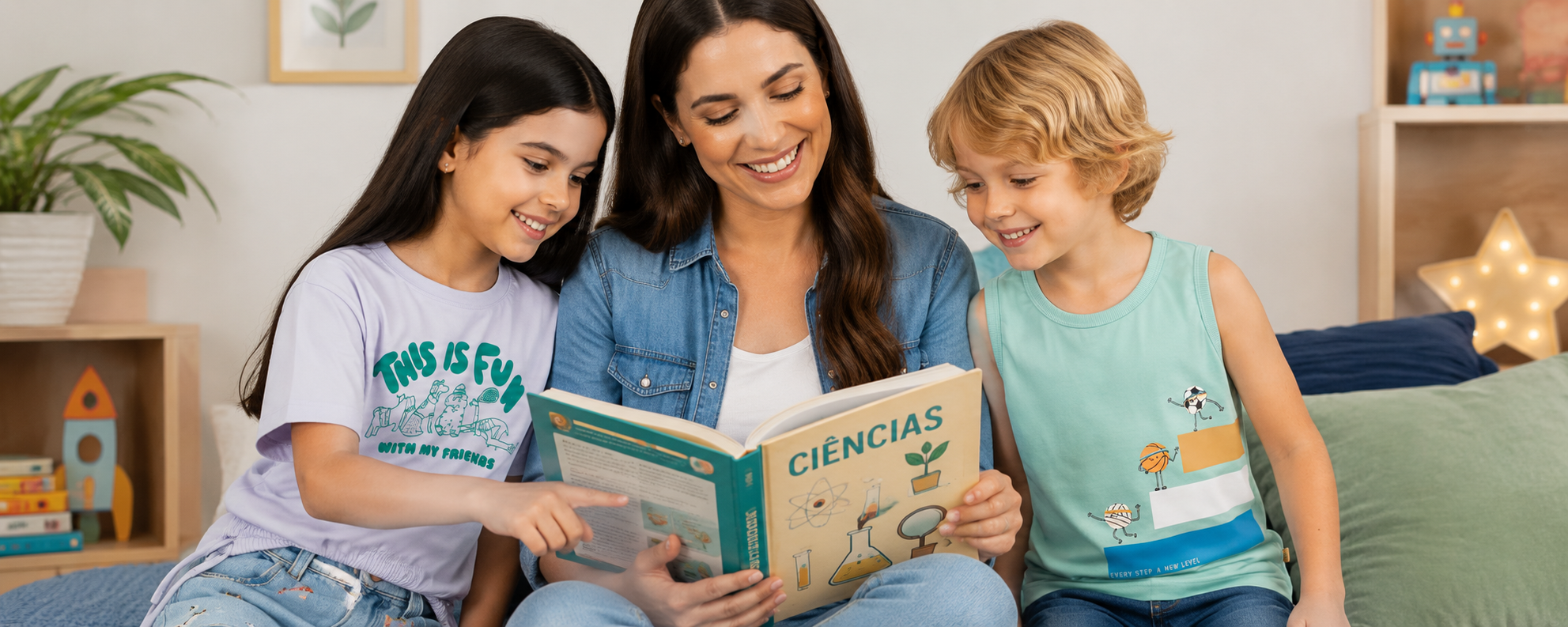 A imagem mostra uma mãe e os dois filhos lendo um livro de ciências. As crianças usam roupas da Alphabeto e a imagem foi usada para ilustrar um artigo sobre el ninõ